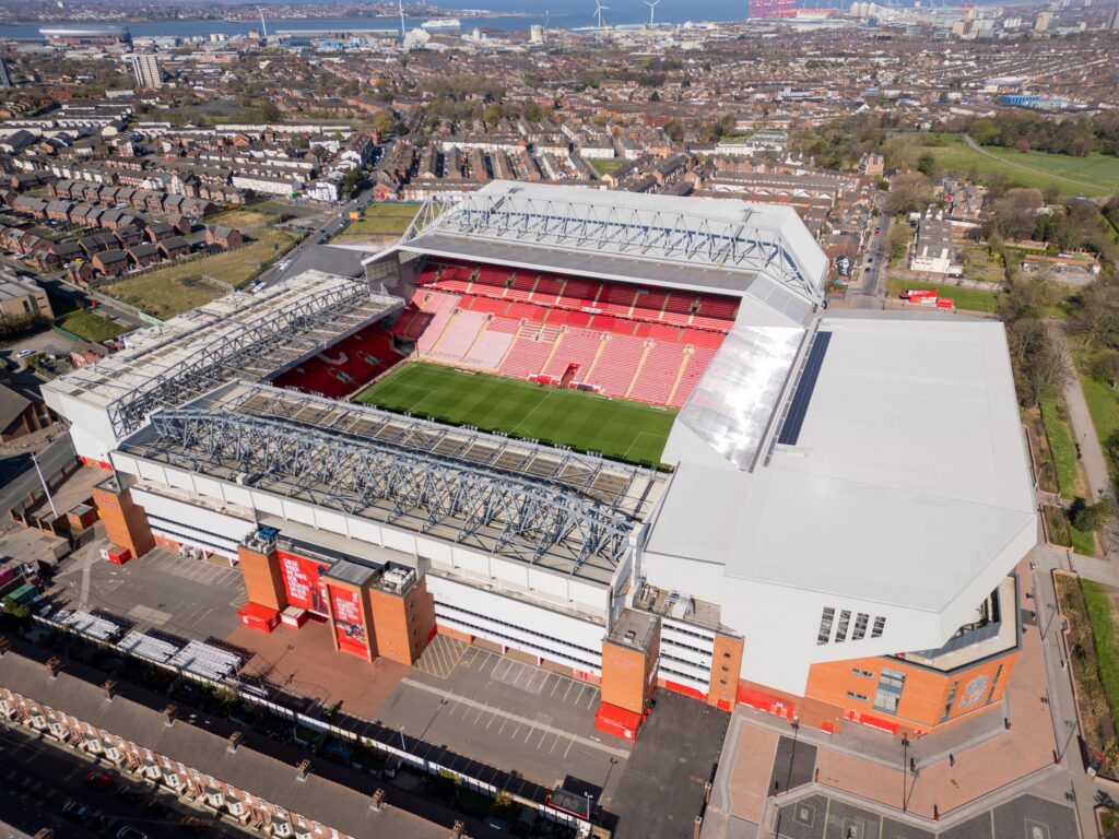 Residential Football English Camp: Learn English through football with Premier Skills English 1 Residential Football English Camp inspiration – aerial view of Liverpool FC’s stadium, connecting football passion with English learning at Dragon Study Tours.